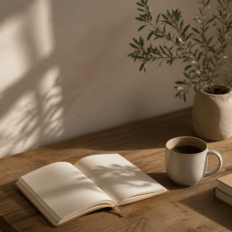 A warm, minimal home desk