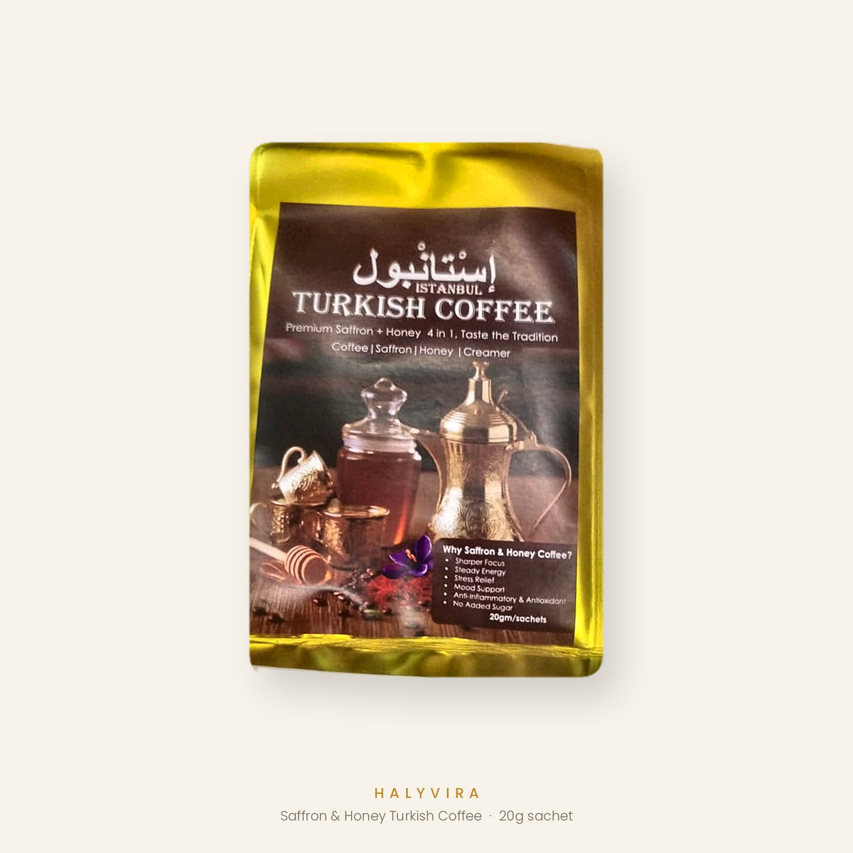 Istanbul Turkish Coffee saffron and honey 4-in-1 instant sachet, 20g, front of gold foil pack