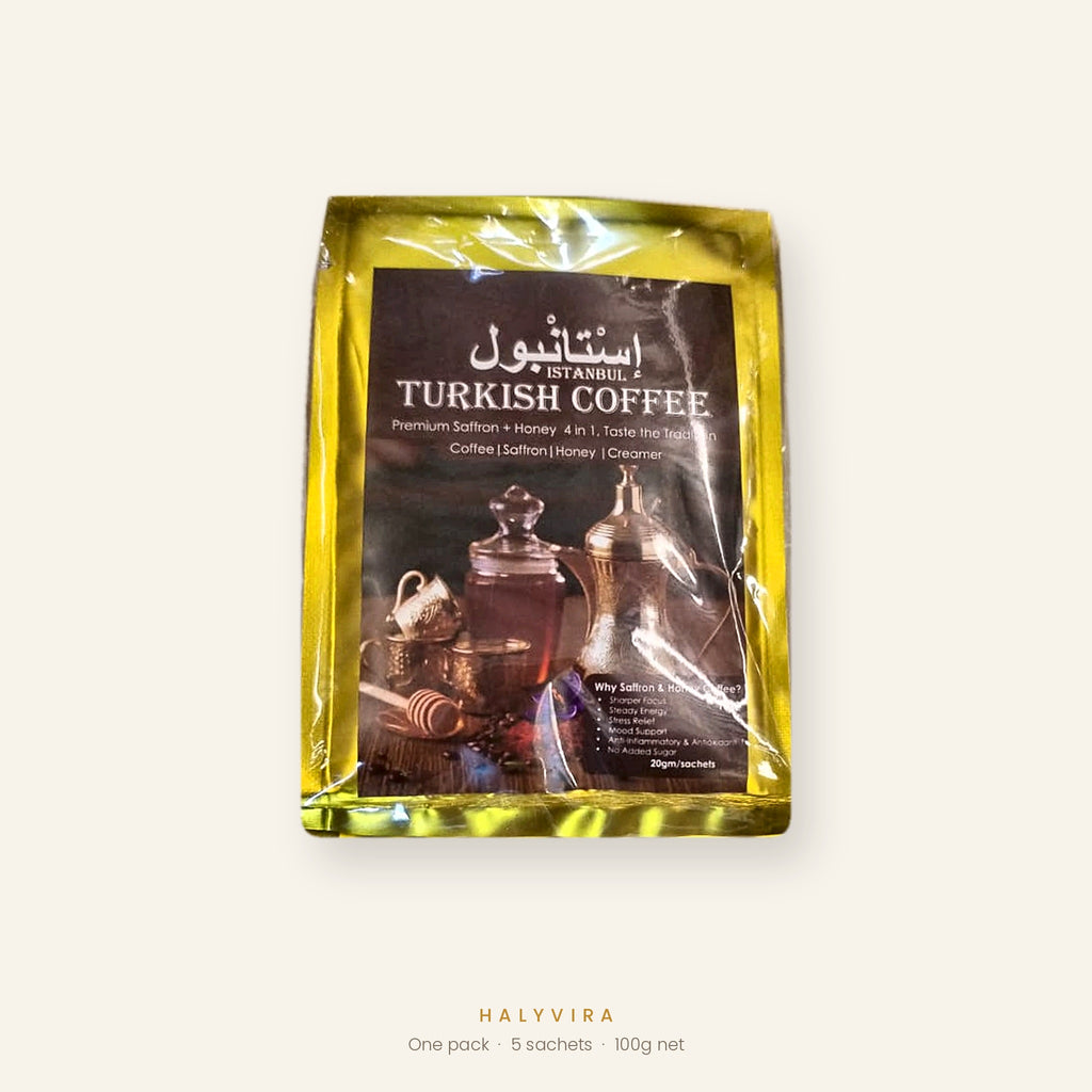 Pack of five 20g Istanbul Turkish Coffee sachets in sealed retail packaging