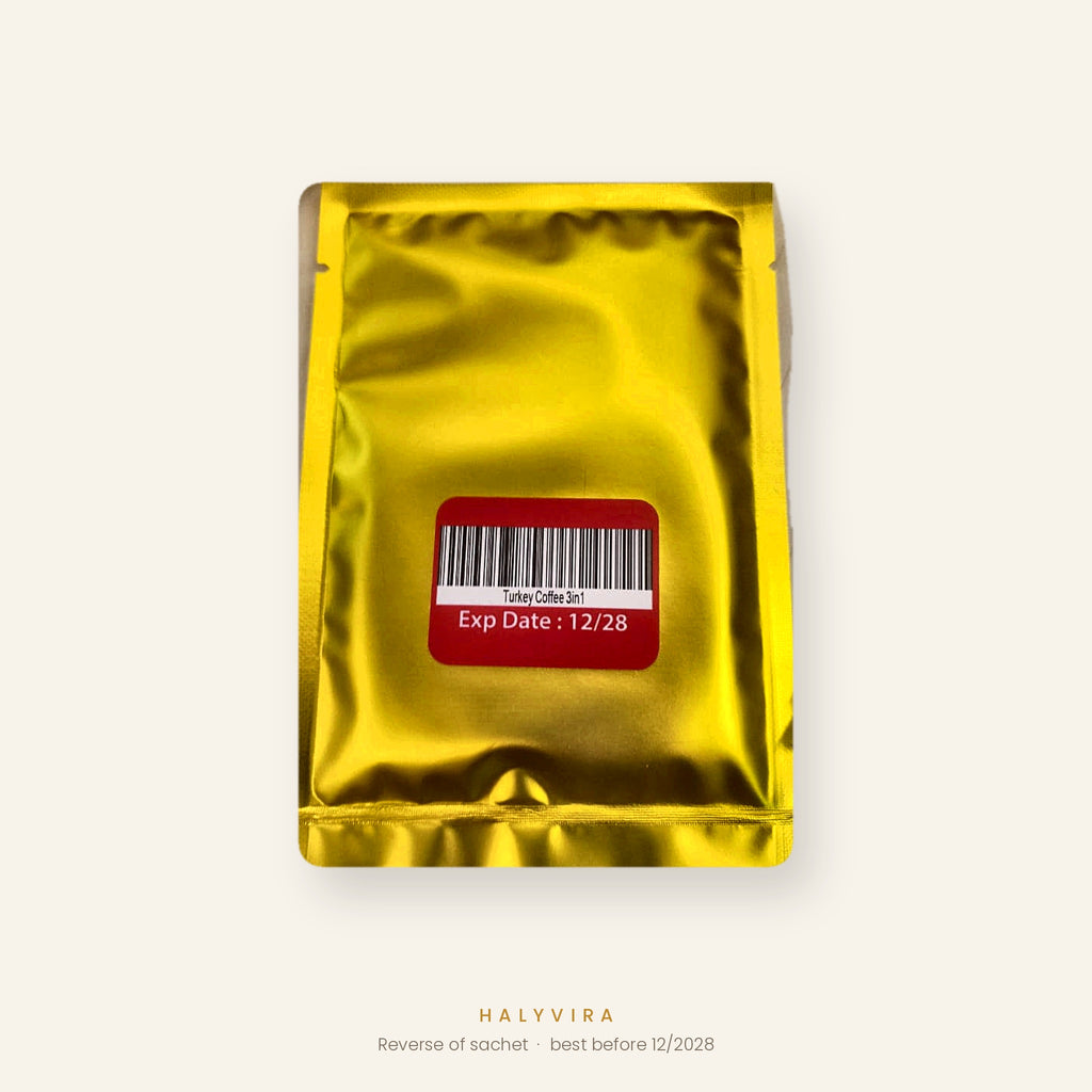 Reverse of the gold foil sachet showing the barcode label and best-before date 12/2028