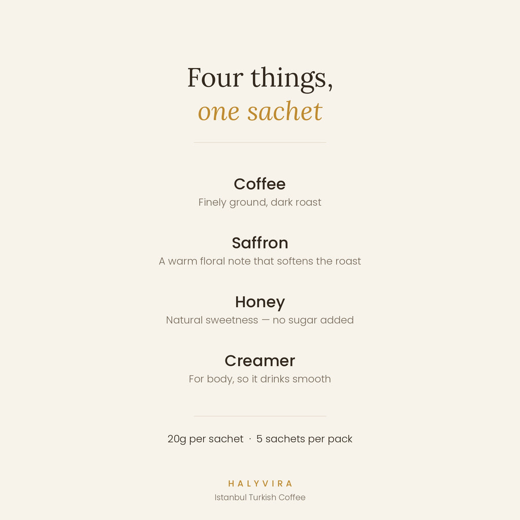 What is inside each sachet: coffee, saffron, honey and creamer, 20g per sachet