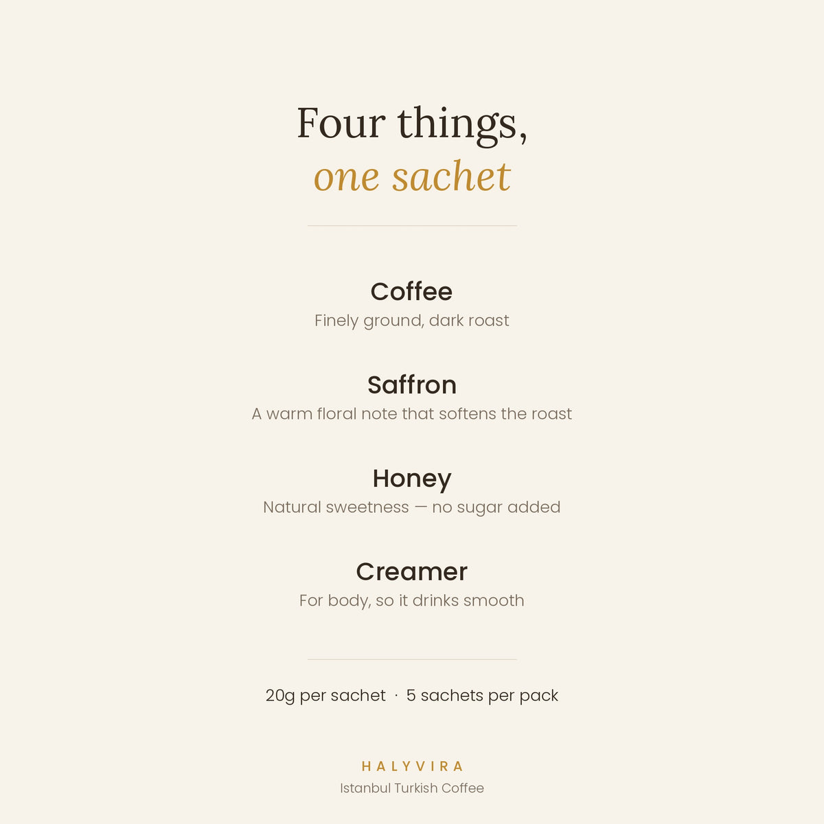 What is inside each sachet: coffee, saffron, honey and creamer, 20g per sachet