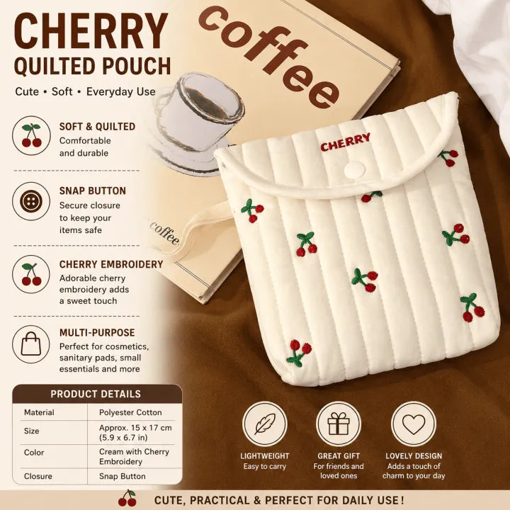 Cute Quilted Tulip Embroidery Storage Pouch | Soft Cotton Cosmetic & Sanitary Pad Organizer