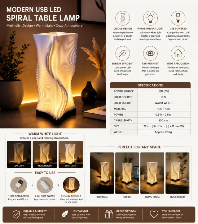 Modern USB LED Spiral Table Lamp | Dimmable Ambient Desk Light | 3 Color Modes