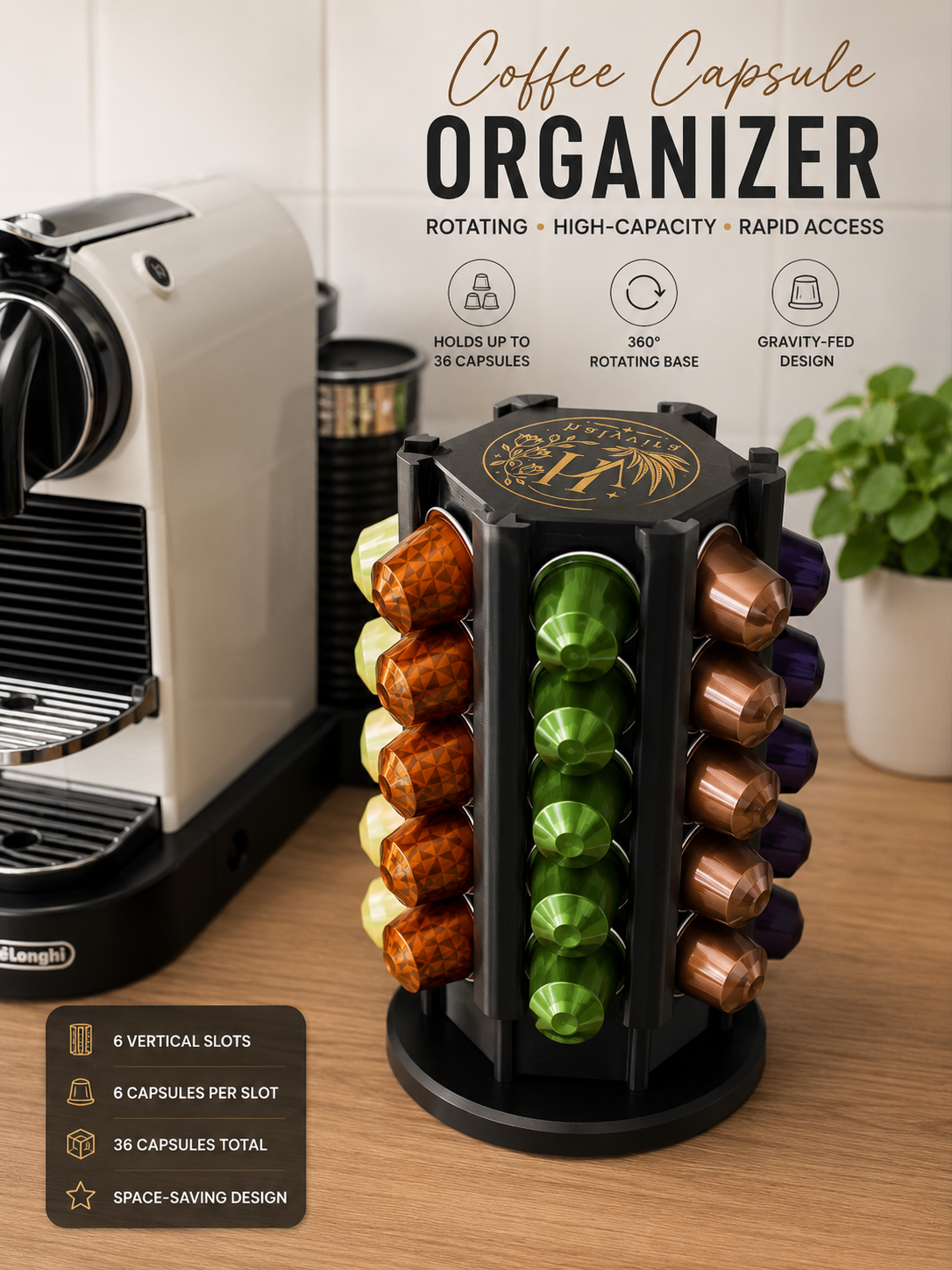 Premium Rotating Coffee Capsule Organizer Tower | 36 Capsule Capacity | Coffee Pod Storage Holder for Nespresso Capsules