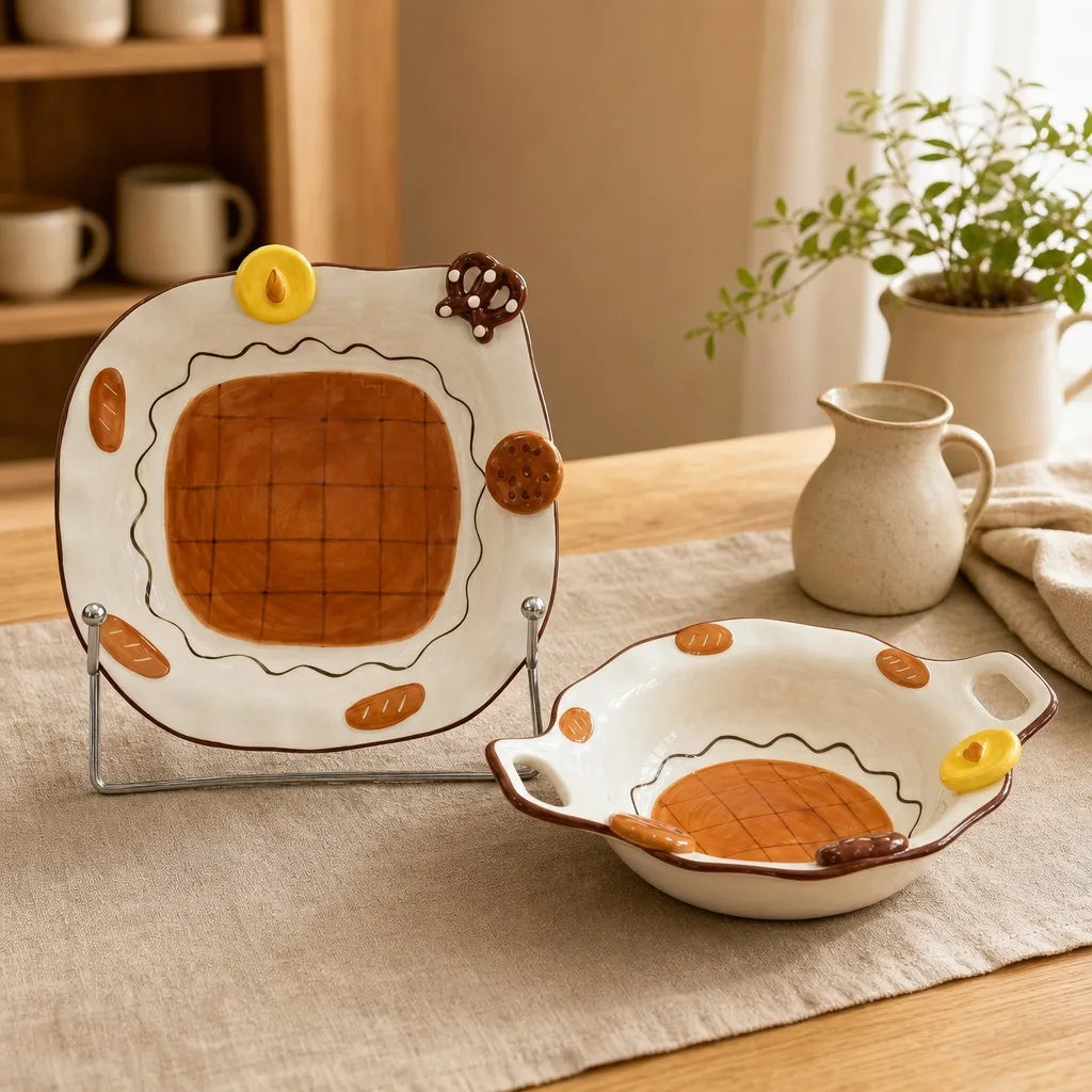Halyvira caramel biscuit ceramic plates and bowls on a warm kitchen table
