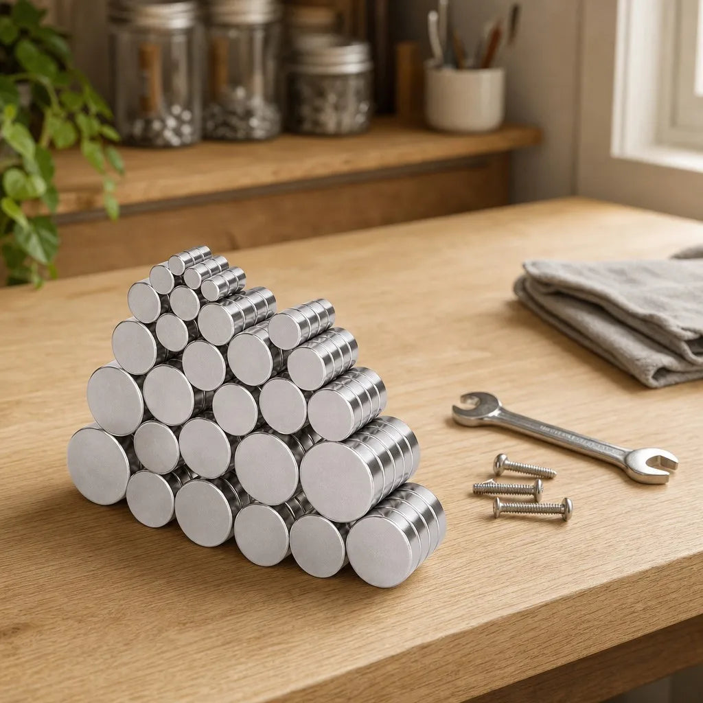 Halyvira high-power neodymium magnets on a workshop bench