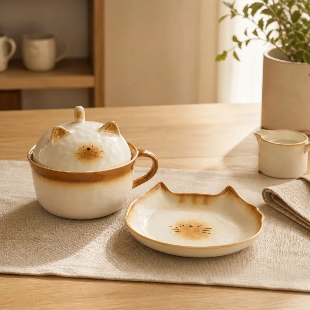 Halyvira bread cat ceramic tableware on a warm breakfast table