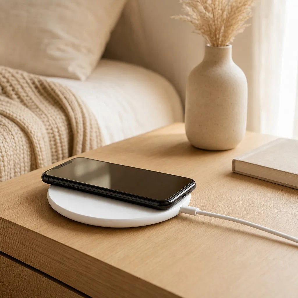 Halyvira wireless charging pad on a warm bedside table