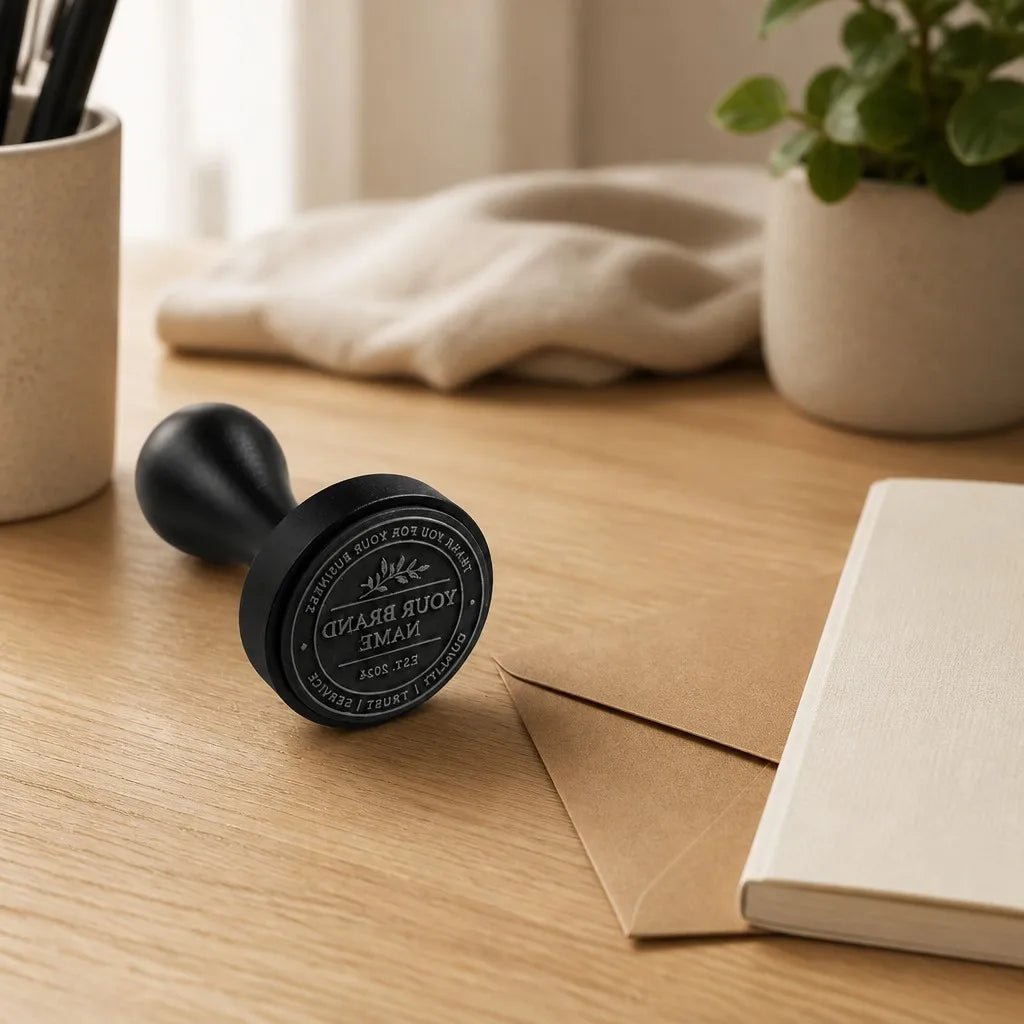 Halyvira custom logo stamp on a warm small-business desk