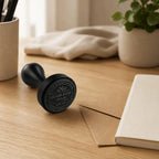Halyvira custom logo stamp on a warm small-business desk