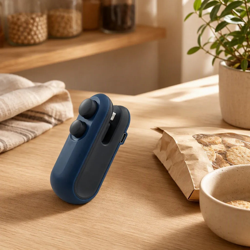 Halyvira mini USB heat sealer on a warm kitchen counter