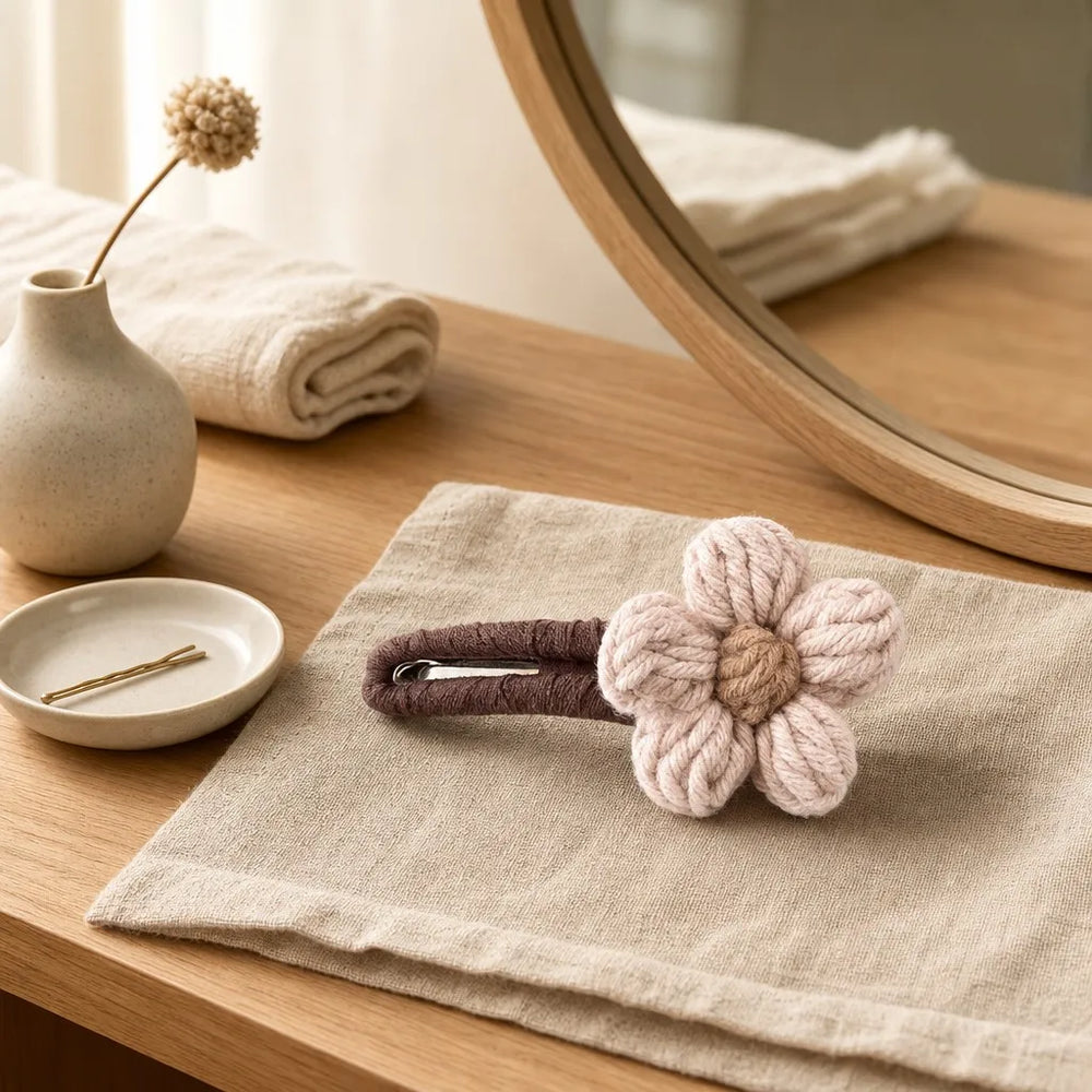 Halyvira knitted flower duckbill hair clip on a warm vanity table