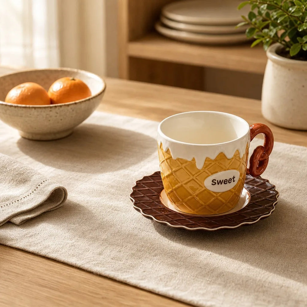 Halyvira waffle dessert ceramic cup and saucer on a warm breakfast table