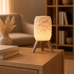 Halyvira geometric USB table lamp with tripod stand in a warm living room