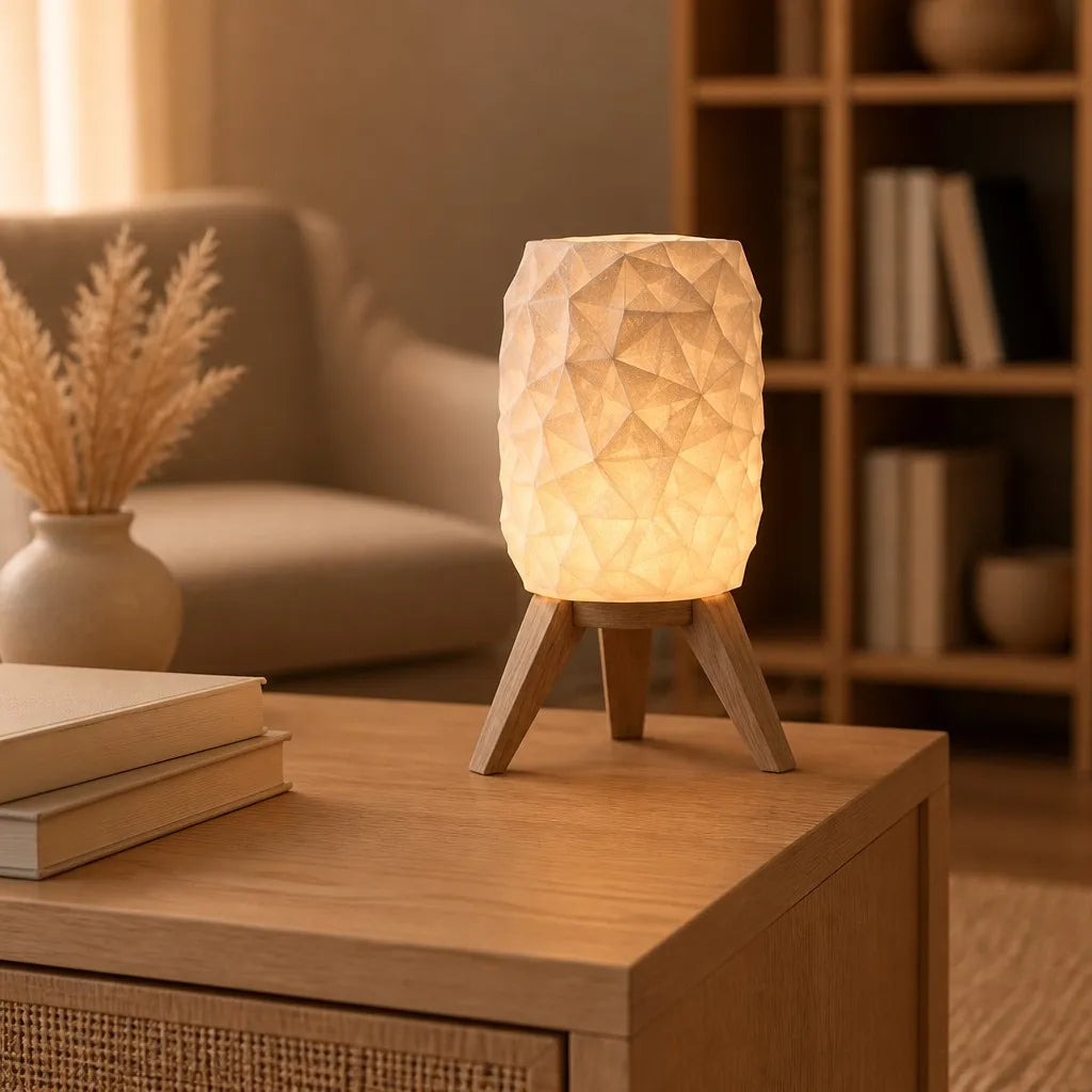 Halyvira geometric USB table lamp with tripod stand in a warm living room
