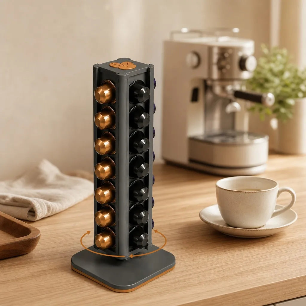 Halyvira coffee capsule organizer tower in a warm coffee corner