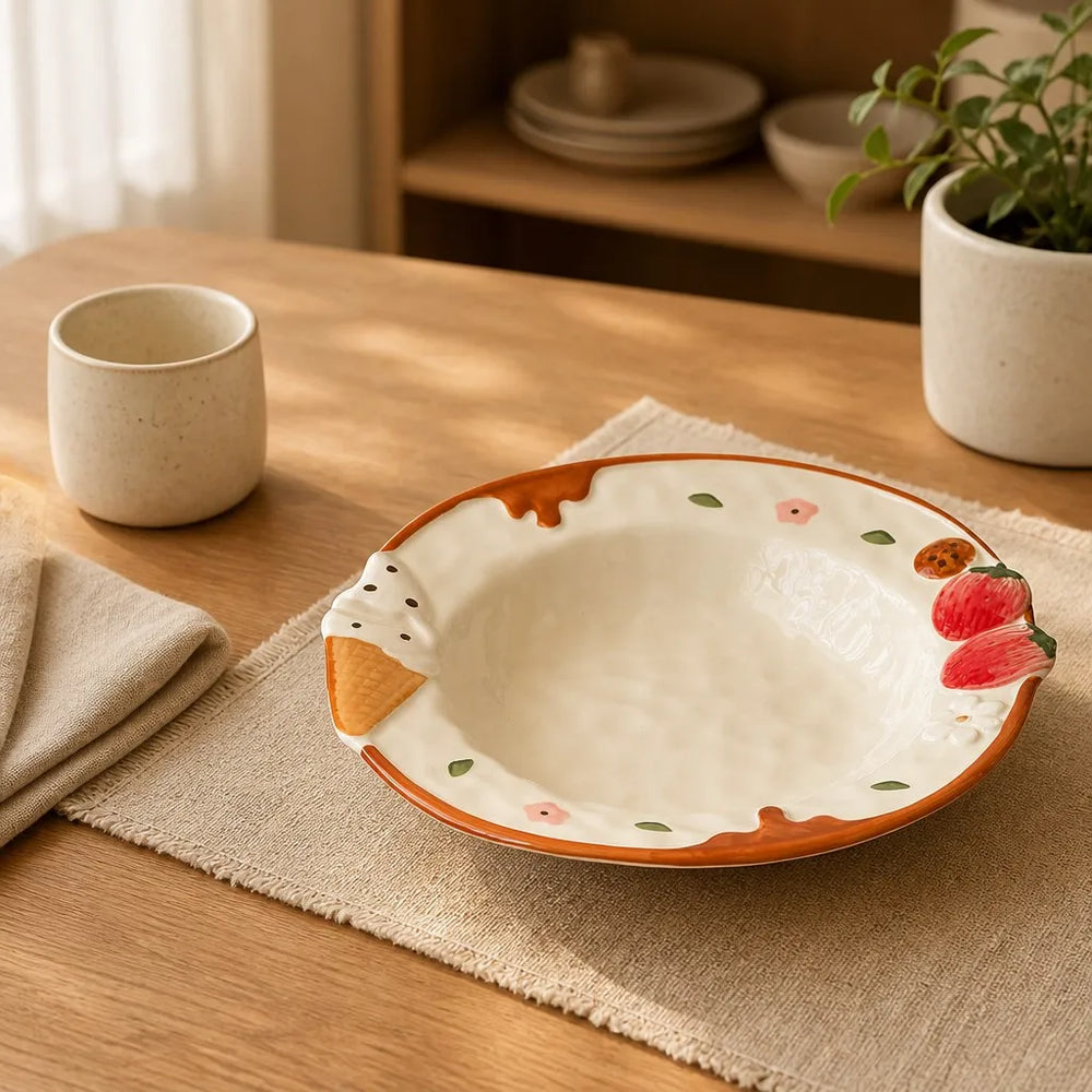 Halyvira embossed apple plate and strawberry bowl on a warm kitchen table