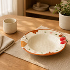 Halyvira embossed apple plate and strawberry bowl on a warm kitchen table