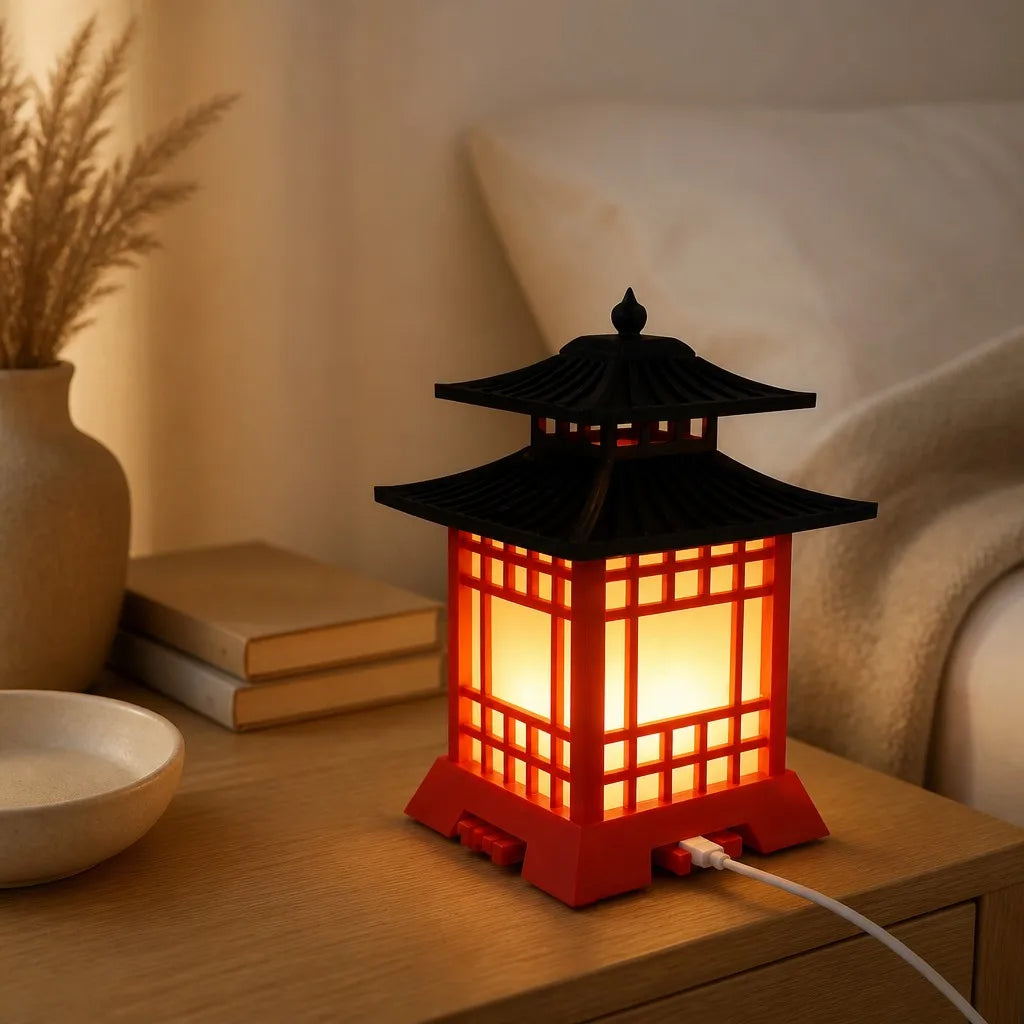 Halyvira Japanese pagoda LED table lamp glowing on a bedside table