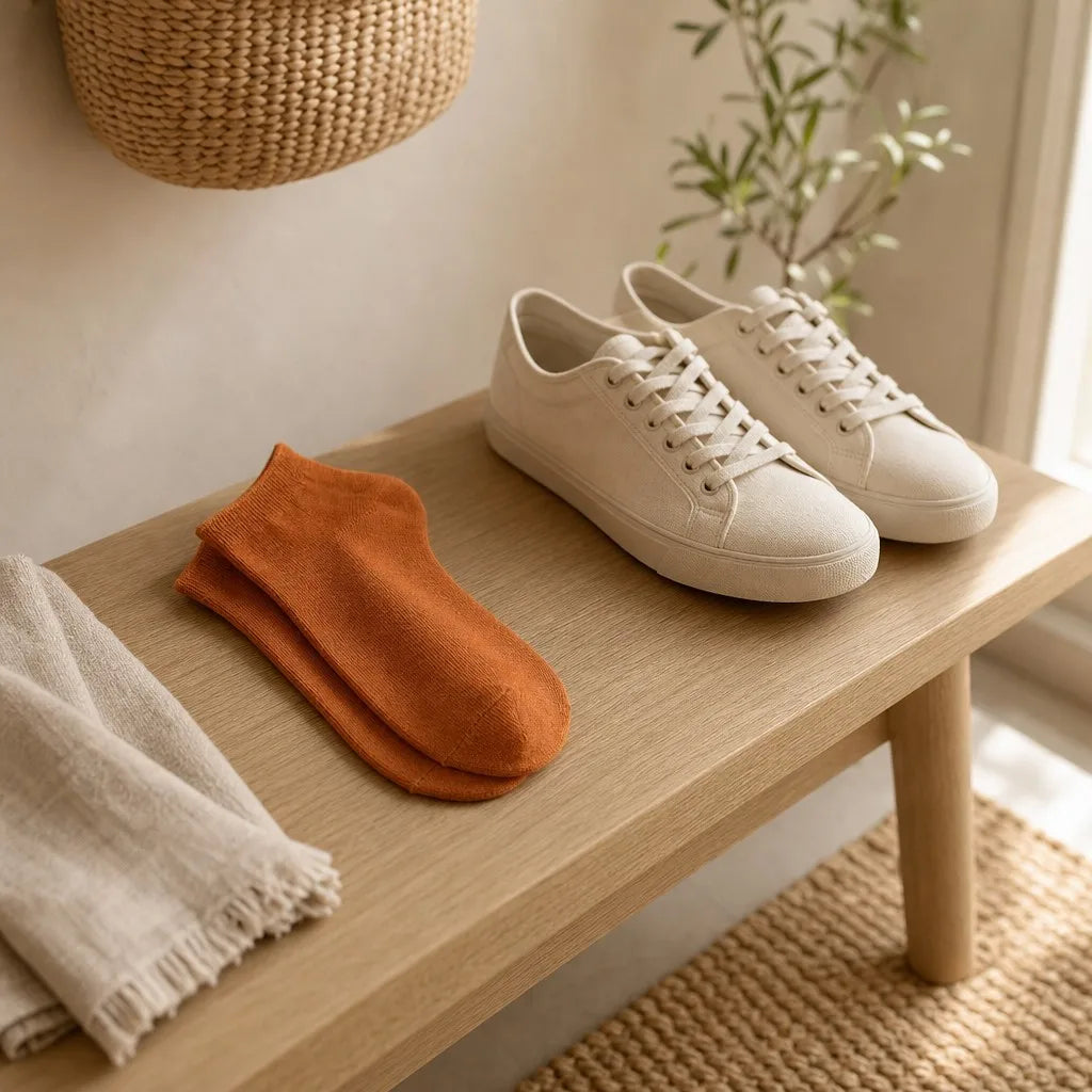 Halyvira mens terracotta cotton socks on a warm entryway bench