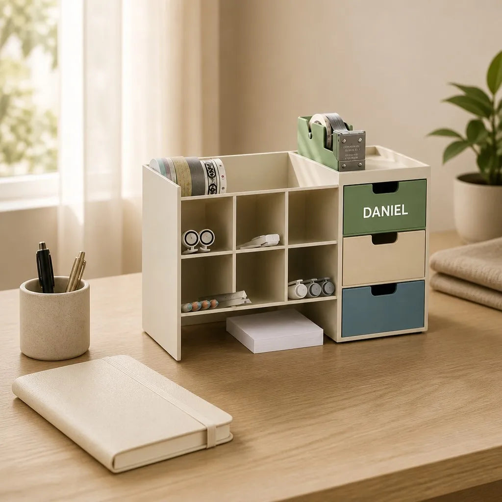 Halyvira DeskHub desk organizer on a warm home-office desk