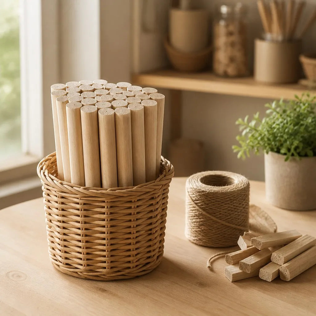 Halyvira pine wood dowels in a rattan basket in a home craft corner