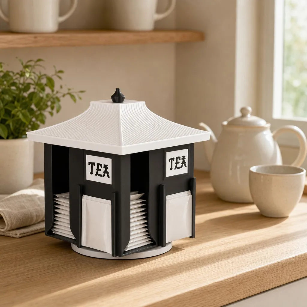 Halyvira pagoda tea organizer in a warm kitchen tea corner
