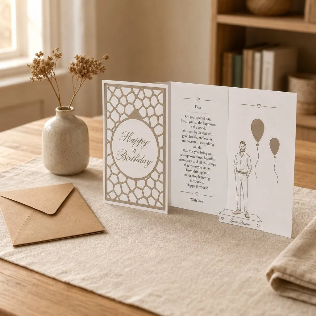 Halyvira foldable birthday gift card styled with kraft envelope and dried flowers
