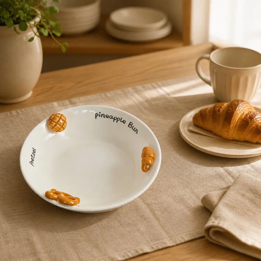 Halyvira croissant pretzel ceramic bowl on a warm breakfast table