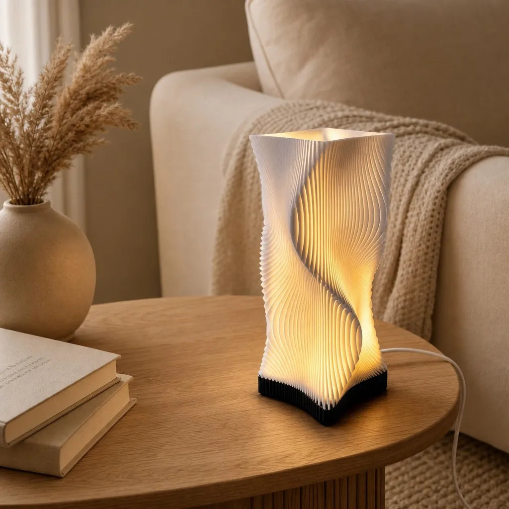Halyvira spiral LED table lamp glowing on a living room side table
