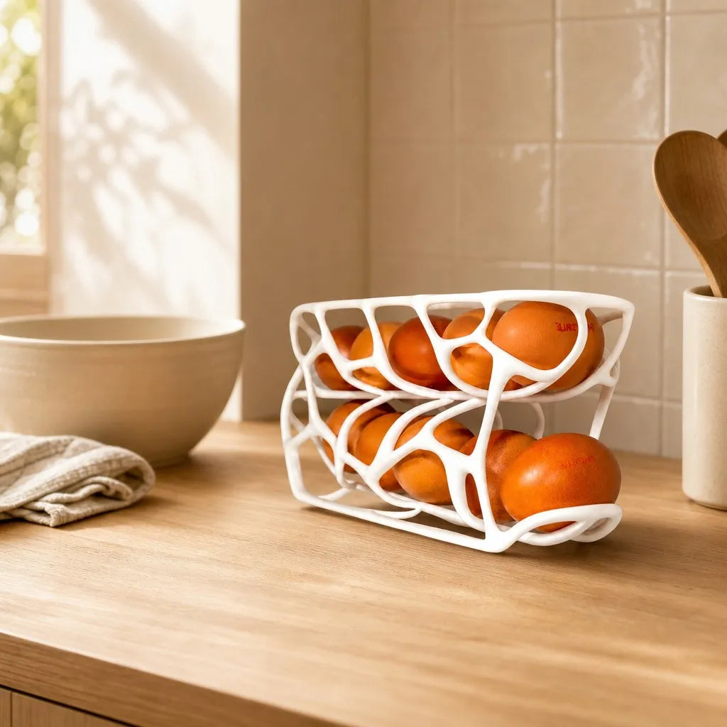 Halyvira egg dispenser rack on a warm kitchen counter