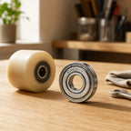 Halyvira miniature bearing with a skateboard wheel on a workshop bench