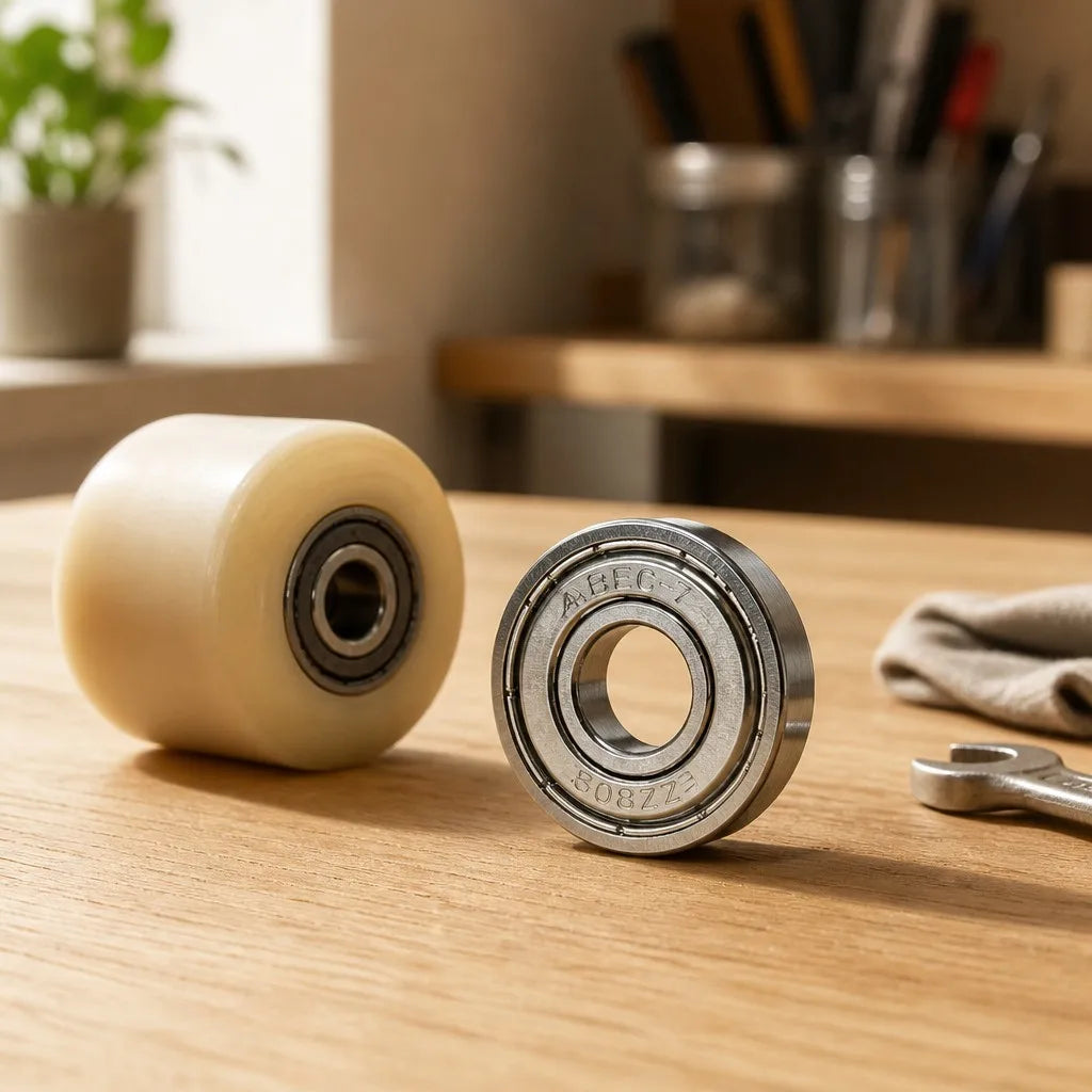 Halyvira miniature bearing with a skateboard wheel on a workshop bench
