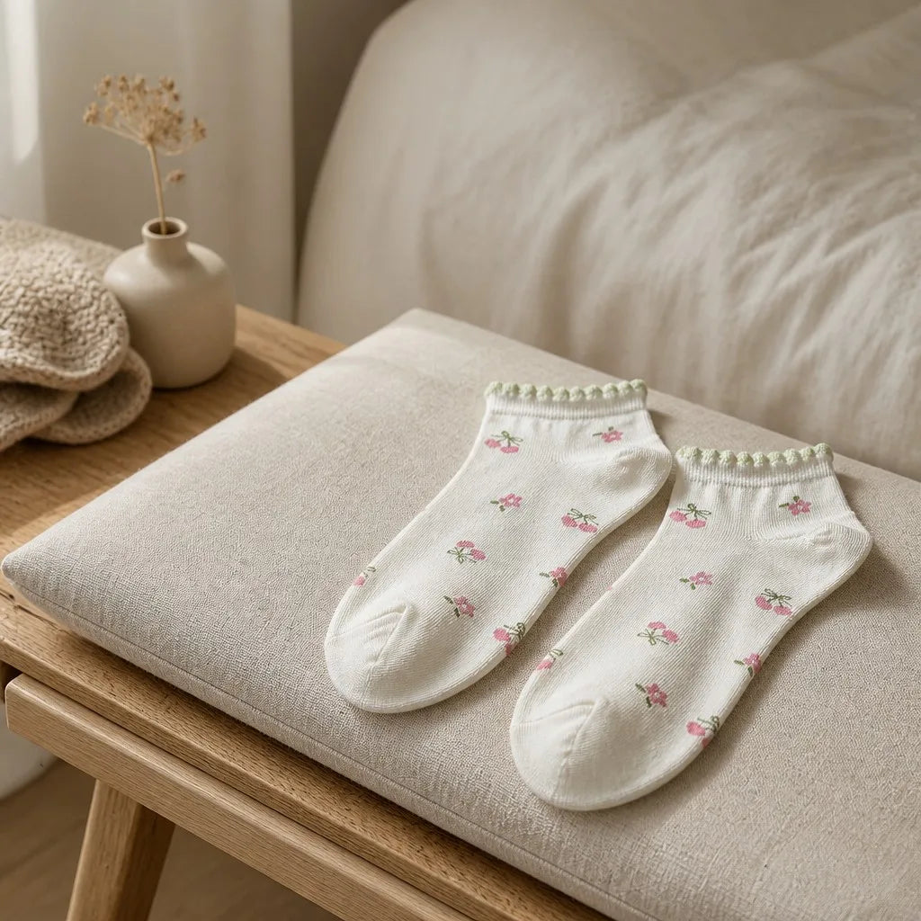 Halyvira womens cherry flower cotton socks in a warm minimal bedroom