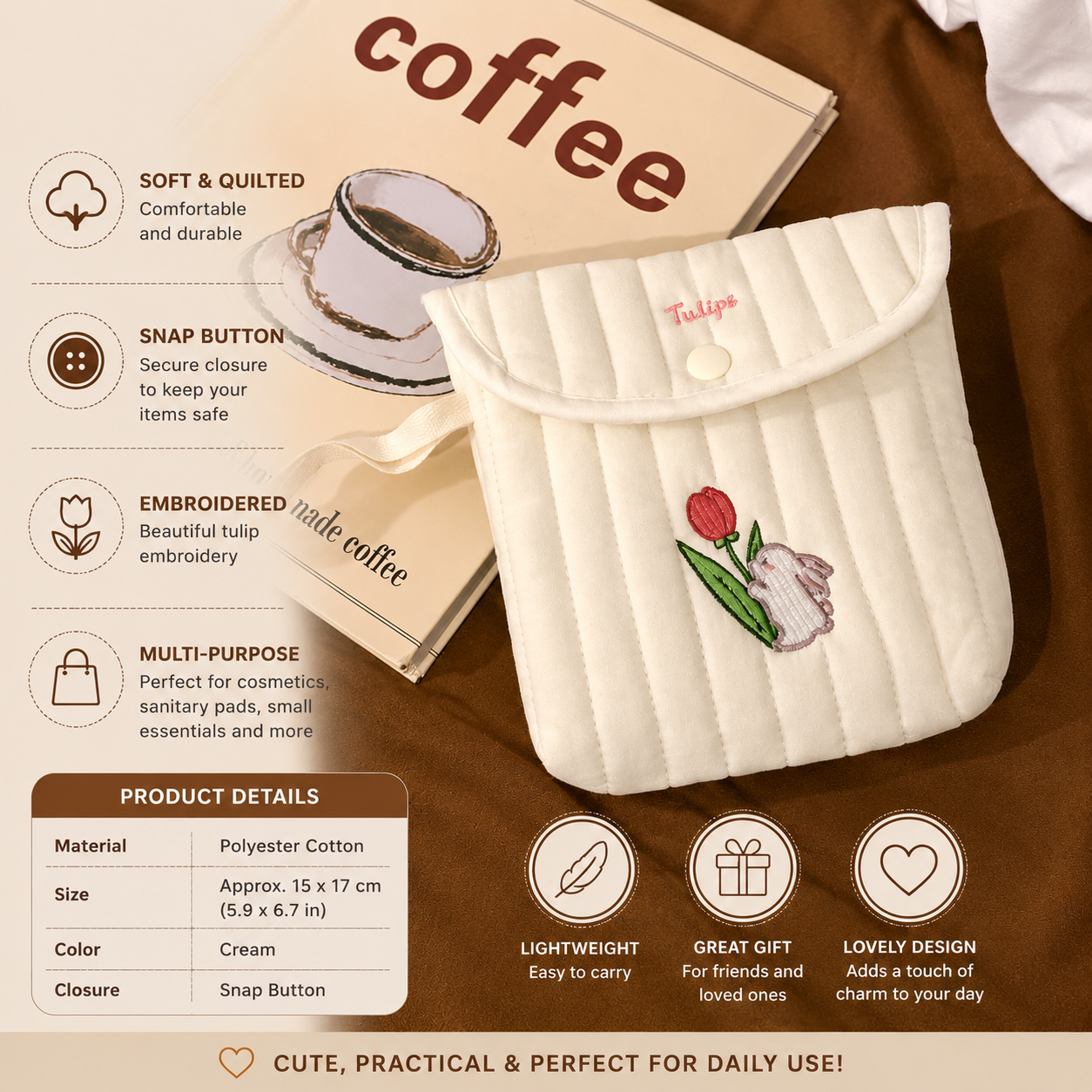 Cute Quilted Tulip Embroidery Storage Pouch | Soft Cotton Cosmetic & Sanitary Pad Organizer