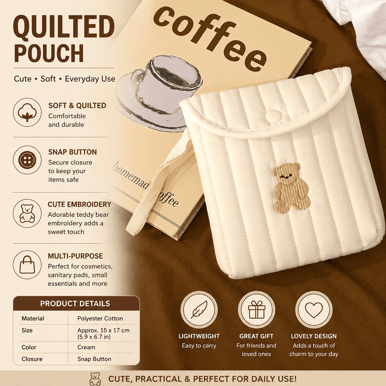 Cute Quilted Tulip Embroidery Storage Pouch | Soft Cotton Cosmetic & Sanitary Pad Organizer
