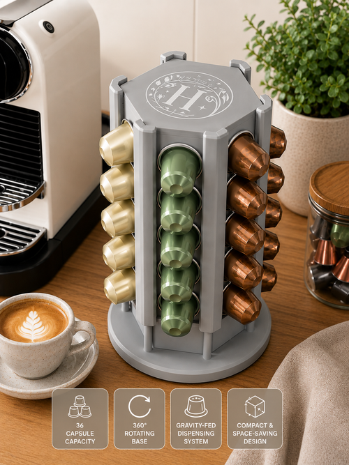 Premium Rotating Coffee Capsule Organizer Tower | 36 Capsule Capacity | Coffee Pod Storage Holder for Nespresso Capsules
