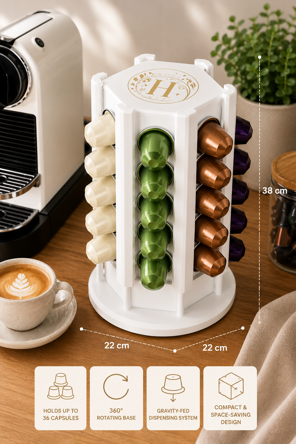 Premium Rotating Coffee Capsule Organizer Tower | 36 Capsule Capacity | Coffee Pod Storage Holder for Nespresso Capsules