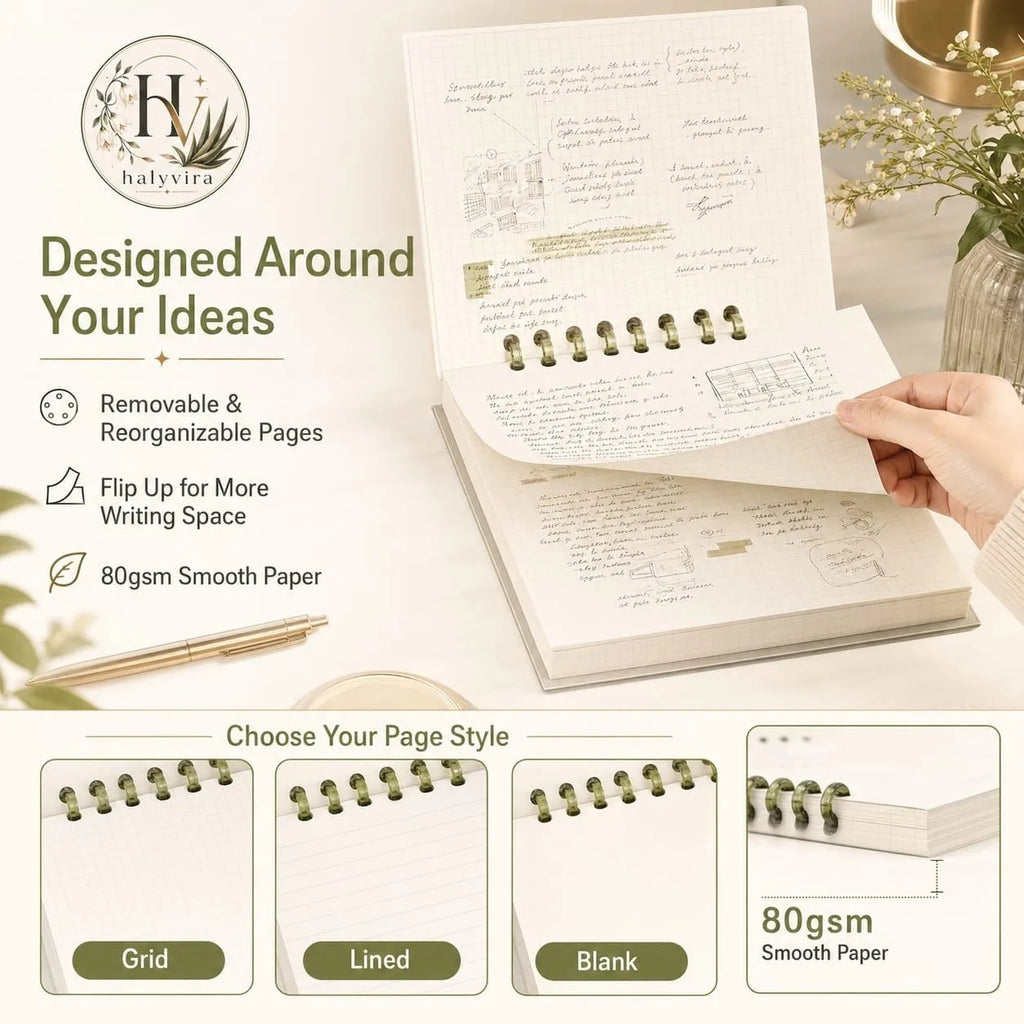 Halyvira flip-up loose-leaf notebook with removable pages and paper styles