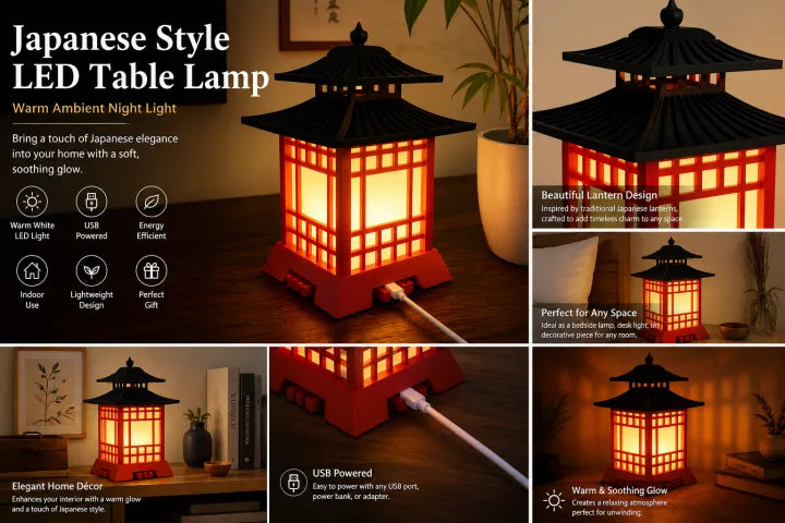 Japanese Style LED Table Lamp – Warm Ambient Night Light | USB Powered Decorative Lantern