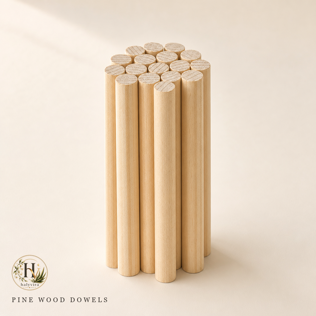 Halyvira bundle of pine wood round dowels on warm cream studio background (updated)