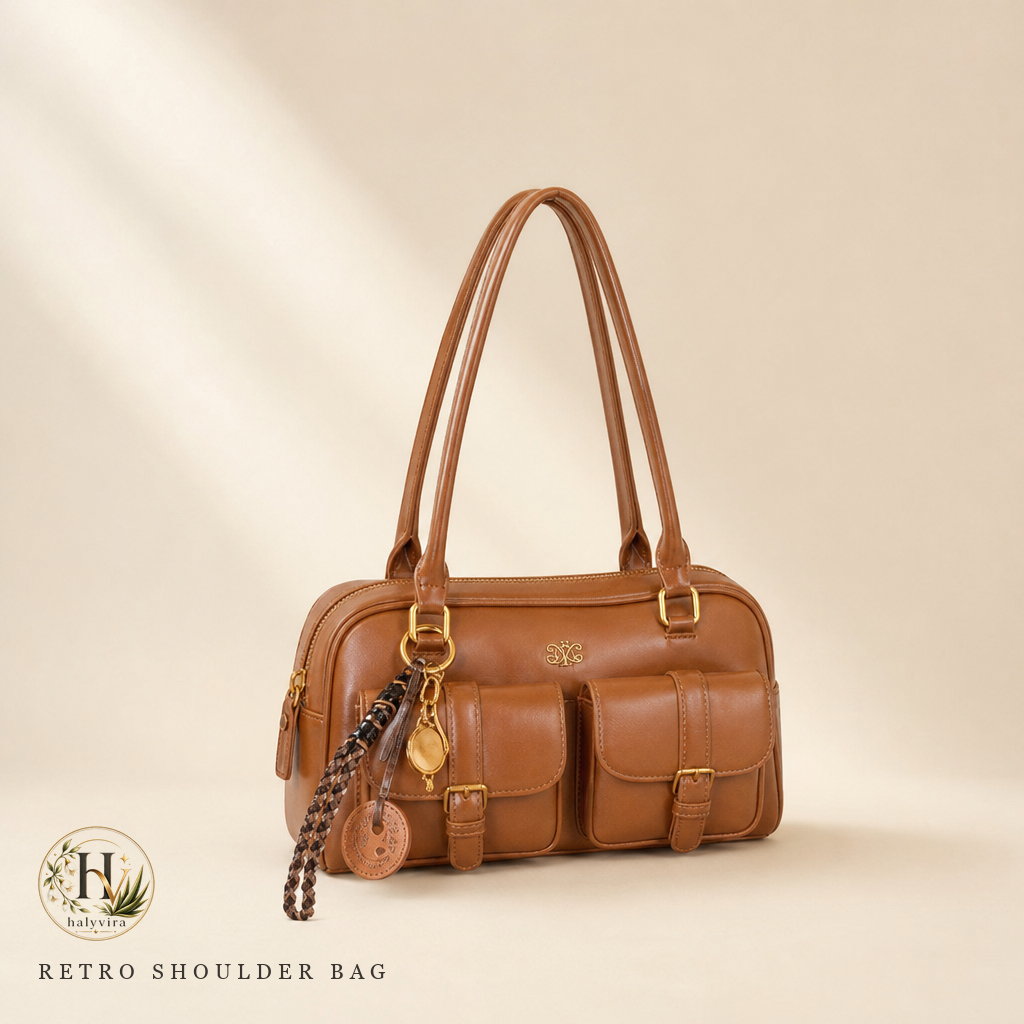 Halyvira retro shoulder bag on warm cream studio background (updated)
