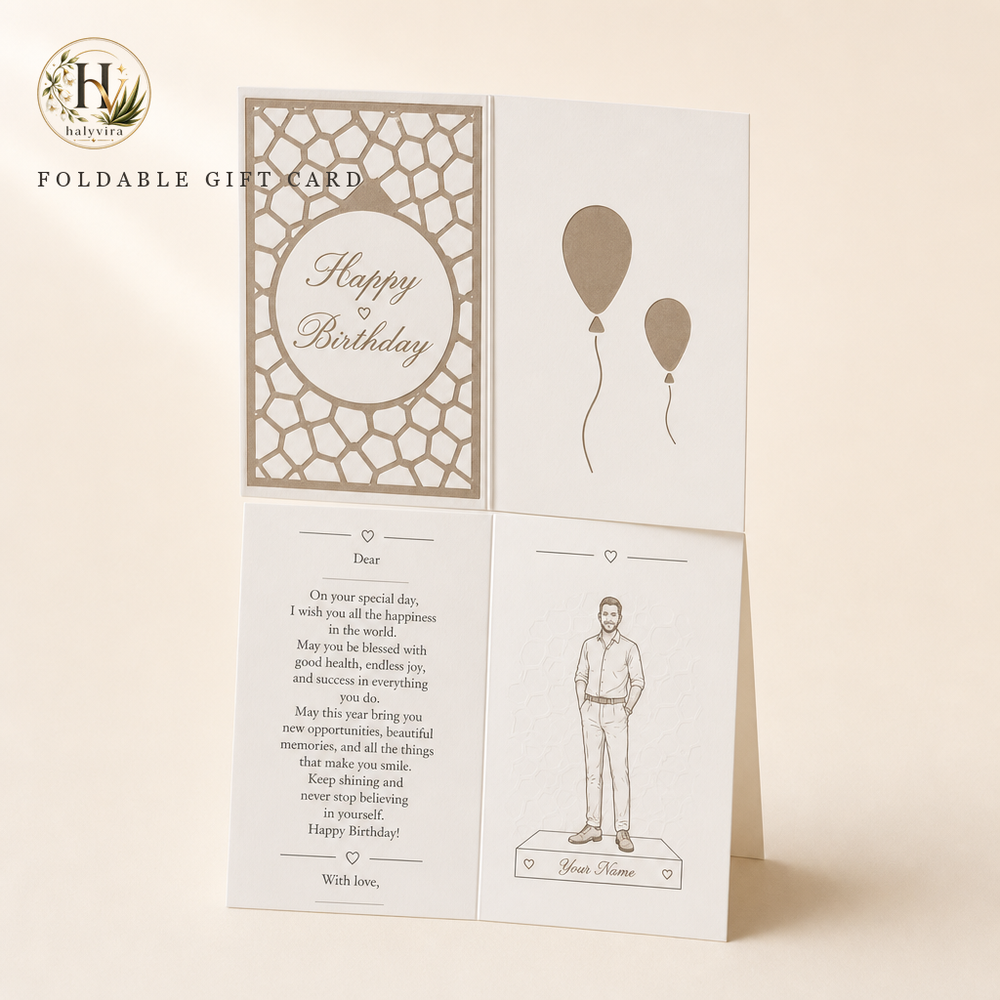 Halyvira foldable birthday gift card on warm cream studio background (updated)