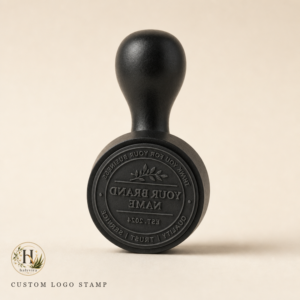 Halyvira custom logo stamp on warm cream studio background (updated)