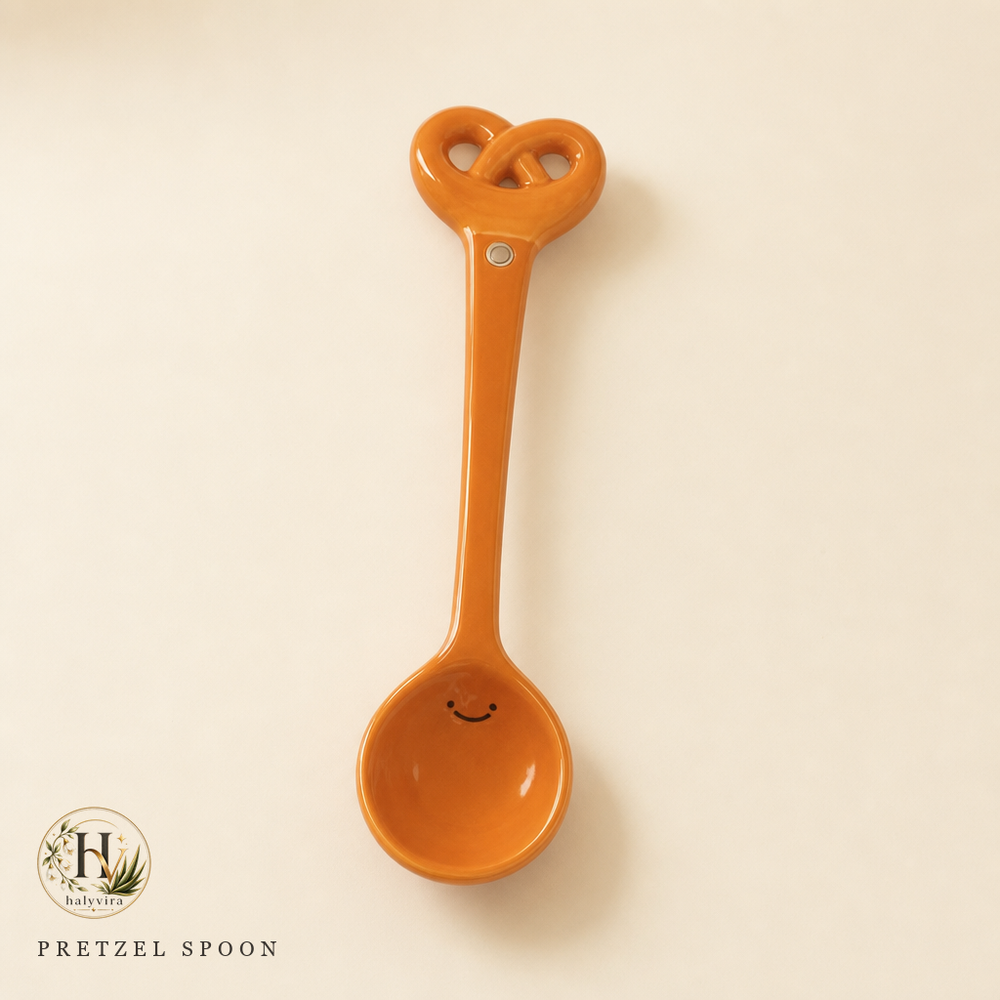 Halyvira orange pretzel ceramic spoon on warm cream studio background (updated)