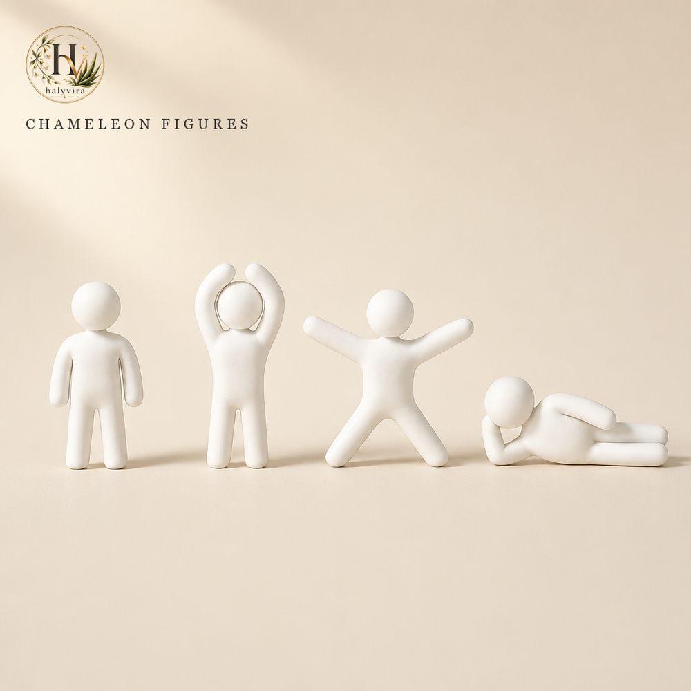 Halyvira four white chameleon figurines on warm cream studio background (updated)