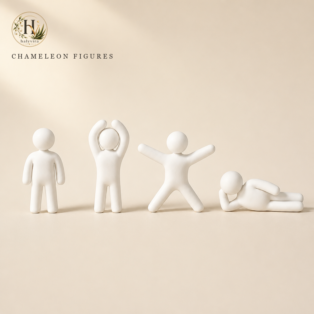 Halyvira four white chameleon figurines on warm cream studio background (updated)