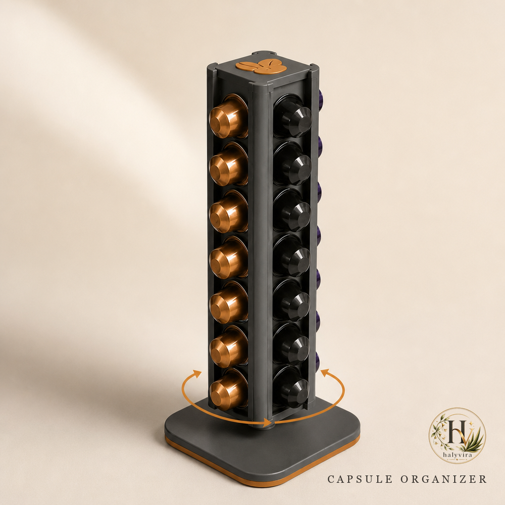 Halyvira rotating coffee capsule organizer tower on warm cream studio background (updated)