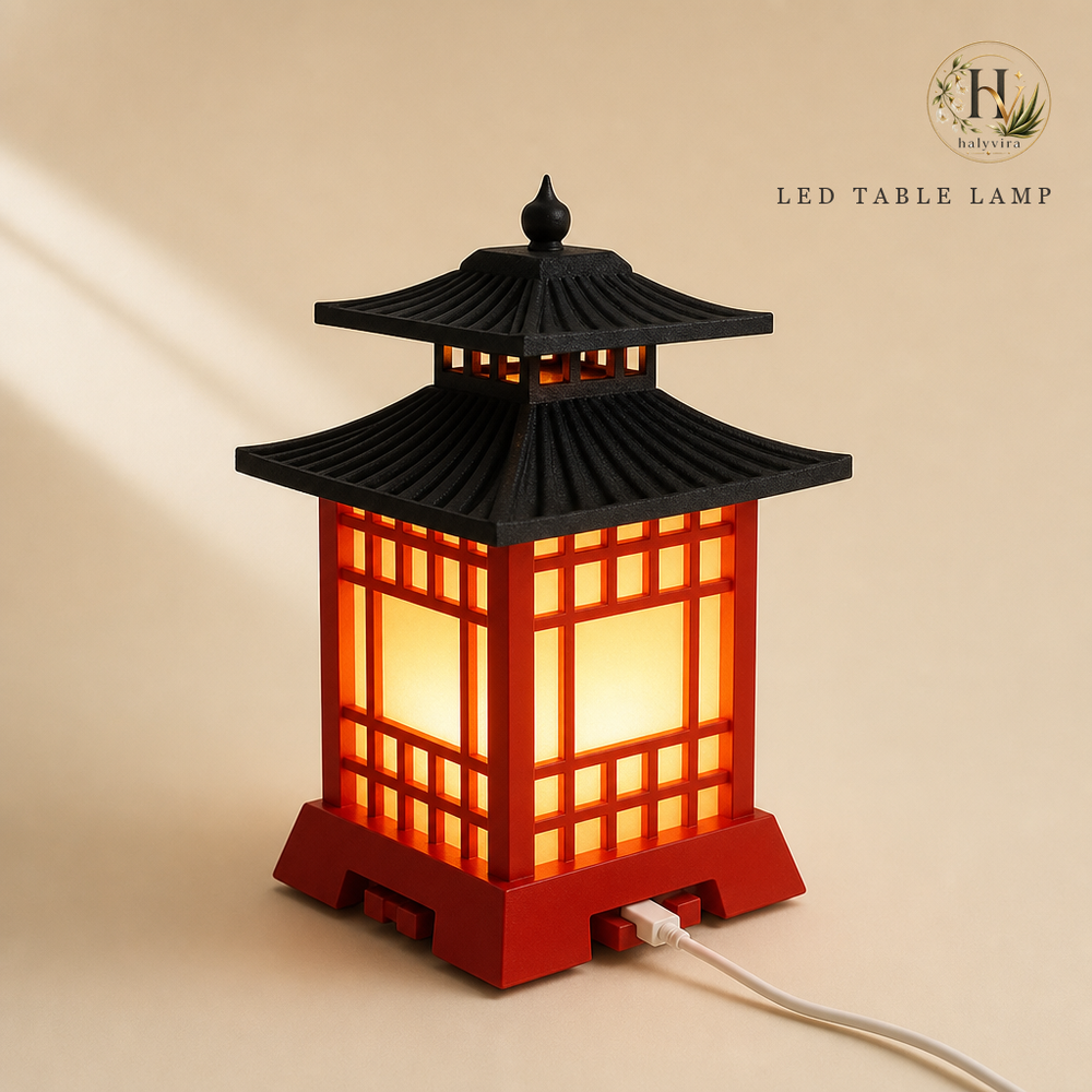 Halyvira Japanese pagoda LED table lamp on warm cream studio background (updated)
